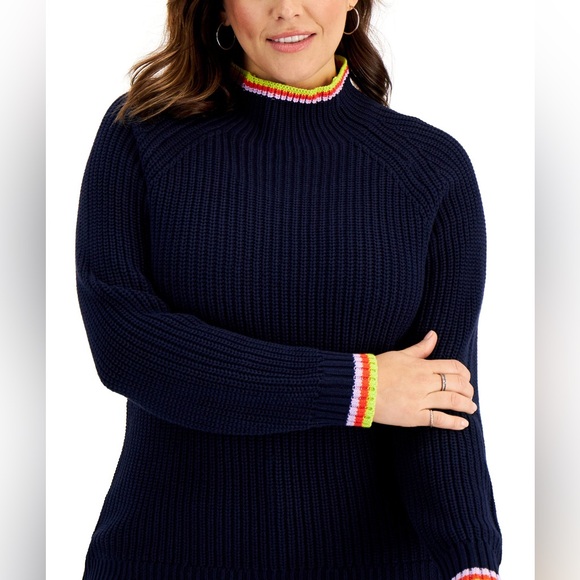 Style & Co. Sweaters - Style & Co Women's Cotton Striped-Detail Funnel-Neck Sweater Sz 3X Rainbow Trim